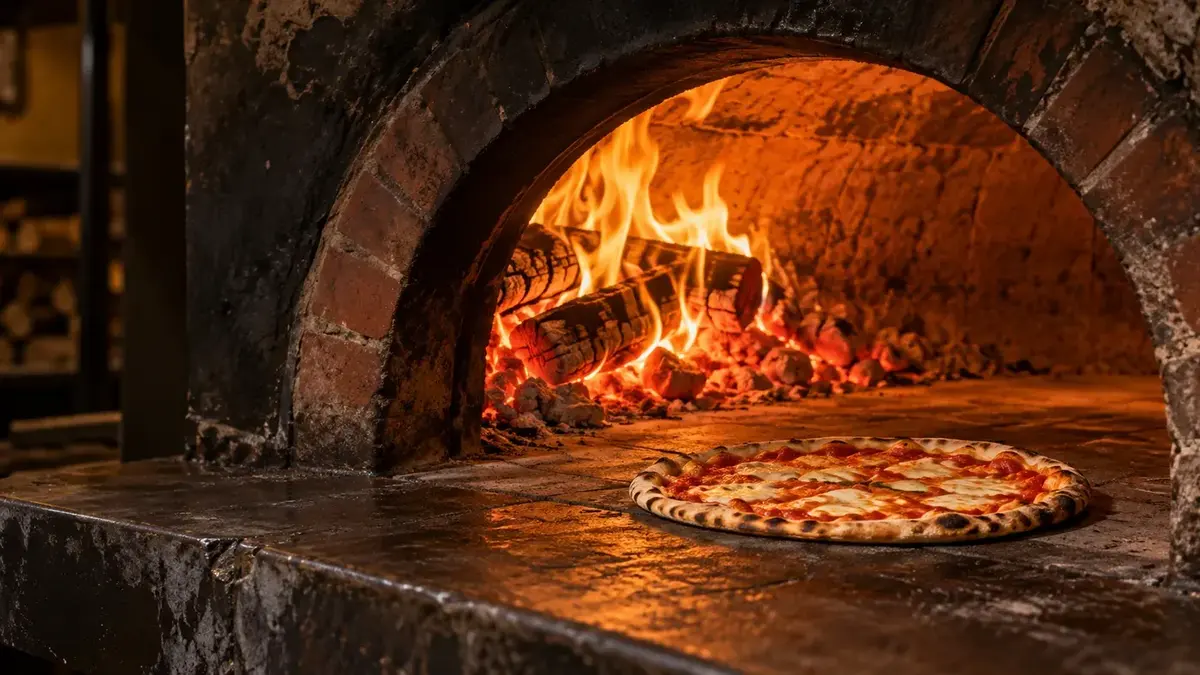 Immagine illustrativa di un forno a legna con pizza e fiamme